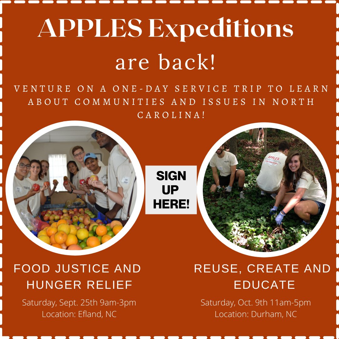 UNC_APPLES's tweet photo. APPLES Expeditions are 1-day service-learning trips to exceptional, long-term partners of the Carolina Center for Public Service. Along with 10 other students, you will have the opportunity to learn about communities in North Carolina, engage in service and reflection. https://t.co/Eu5I3t4zOZ