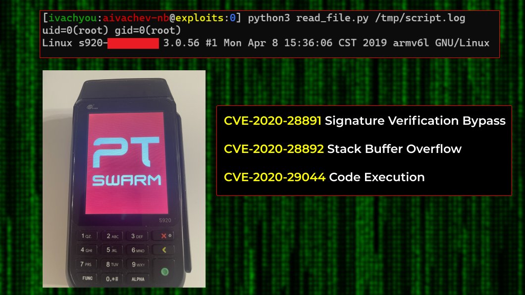 💳PAX Technology fixed three vulnerabilities discovered by our researcher Artem Ivachev. 

💰When chained together these vulnerabilities allow the interception of user card data and the sending of arbitrary data to the processing of the acquiring bank.