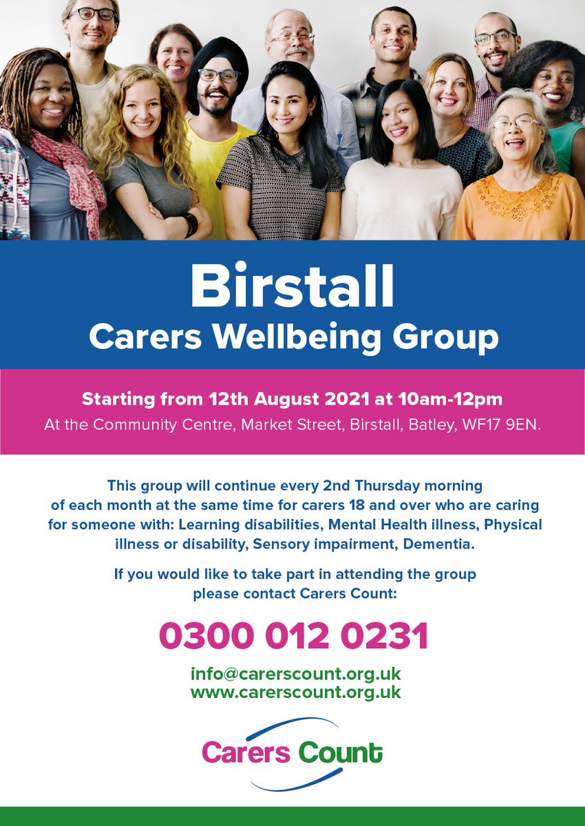 CarersCount's tweet photo. We have regular face to face Carer Wellbeing groups in Batley and Birstall run by Carers Count. Please see the posters below for details. 

#KirkleesThinkCarers #CarersCount #CarerSupport https://t.co/qnQaAqxjtC