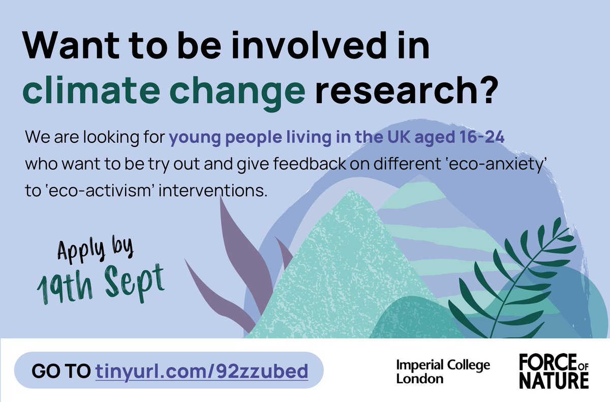 Do you want to help eco-mental health research? We're looking for young people (aged 16-24) to test and help us improve tools we've developed to help young people process their feelings about the environment.

Learn more below:
tinyurl.com/92zzubed

#ecoanxiety #GenZ #Youth