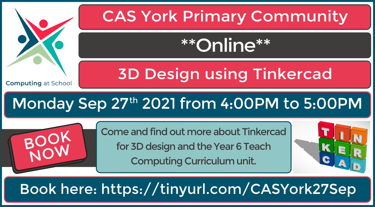 Really looking forward to this joint primary / secondary <a href="/CompAtSch/">Computing at School</a> online community meeting to find out more about TinkerCAD for 3d Design: 
Join us: Mon 27th September 4pm-5pm tinyurl.com/CASYorkSec27Sep