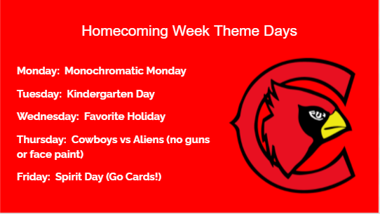 Homecoming week is September 20-24! Show your school spirit on each theme day at the high school, and maybe you'll be highlighted on a School News Story! #GoCards #HOCO2021