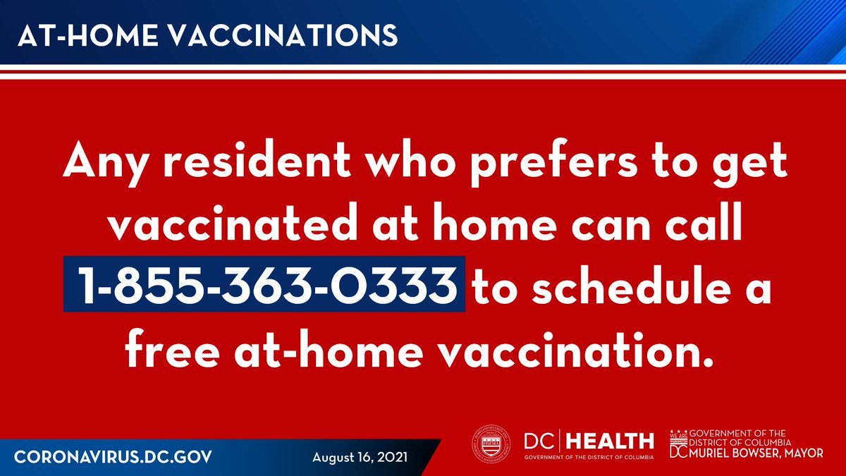 Flyer with message, To ensure that everyone can #TakeTheShotDC, we're offering at-home vaccinations to those who need it.

To schedule a free, at-home vaccination, call 1-855-363-0333.