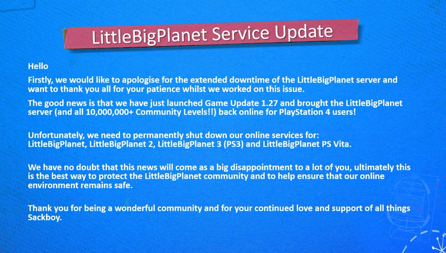 Littlebigplanet 3 Servers Come Back Online For Ps4 But Ps3 And Ps Vita Game Servers To Be Shut Down Thesixthaxis