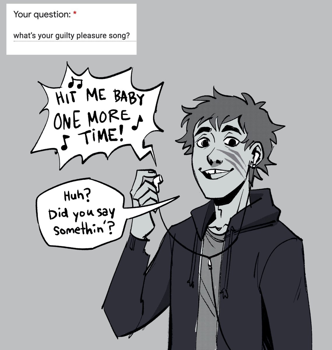 My supporters on Patreon got to ask my OCs some questions.  Today's Q&A: Guilty Pleasure Song 