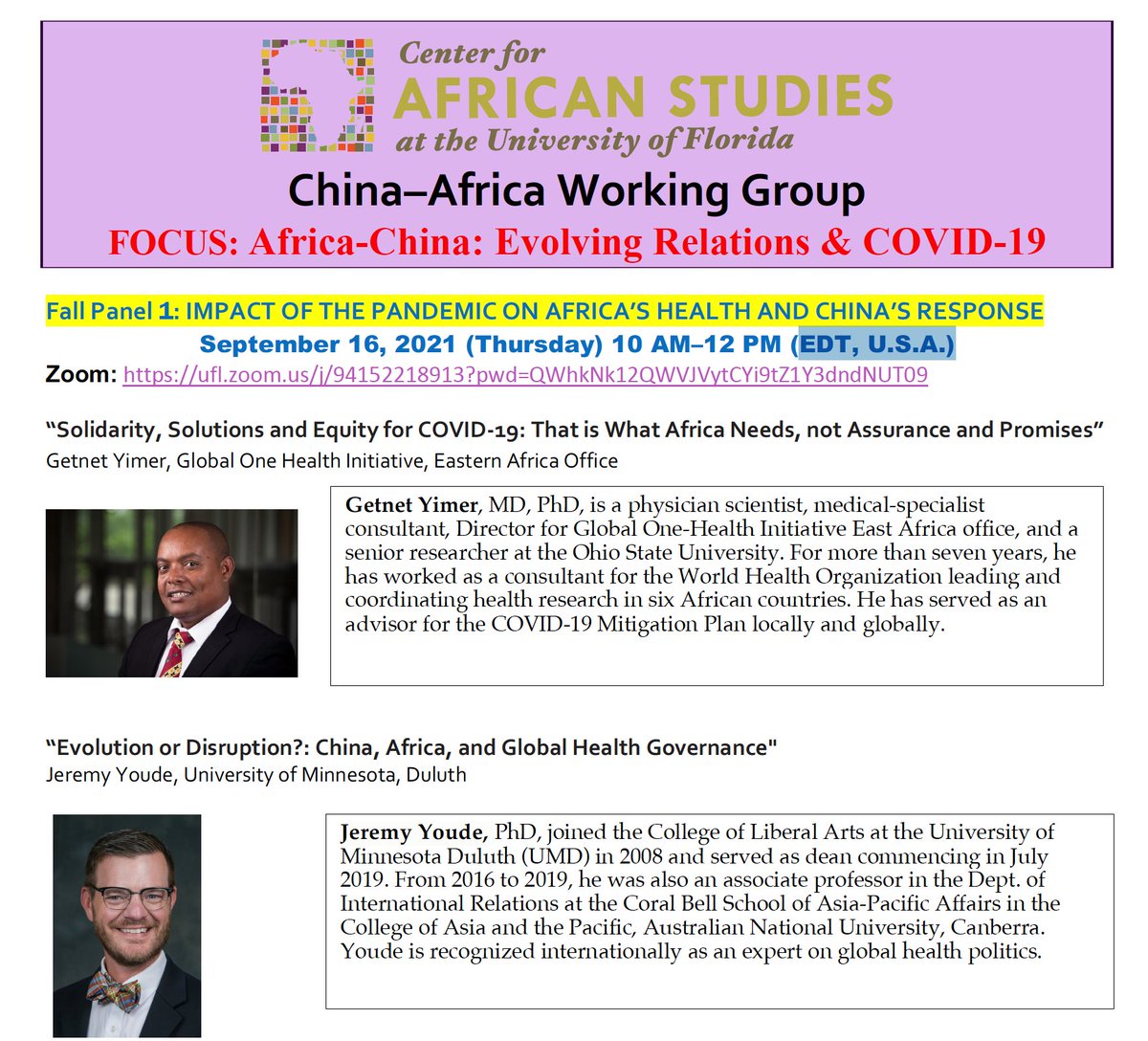 Chinese in Africa/Africans in China Research Ntwrk (@caac_network) on Twitter photo Mark your calendars for this #SinoAfrica event on 9/16 at 10 ET:
“Solidarity, Solutions & Equity for #COVID-19: That's What Africa Needs, not Assurance and Promises” A panel with <a href="/getnetyimer/">Getnet Yimer</a>, <a href="/jeremyyoude/">Jeremy Youde | jeremyyoude.bsky.social</a>, Oscar Otele, and István Tarrósy.
ufl.zoom.us/j/94152218913?… (open link) Mark your calendars for this #SinoAfrica event on 9/16 at 10 ET:
“Solidarity, Solutions & Equity for #COVID-19: That's What Africa Needs, not Assurance and Promises” A panel with <a href="/getnetyimer/">Getnet Yimer</a>, <a href="/jeremyyoude/">Jeremy Youde | jeremyyoude.bsky.social</a>, Oscar Otele, and István Tarrósy.
ufl.zoom.us/j/94152218913?… (open link)