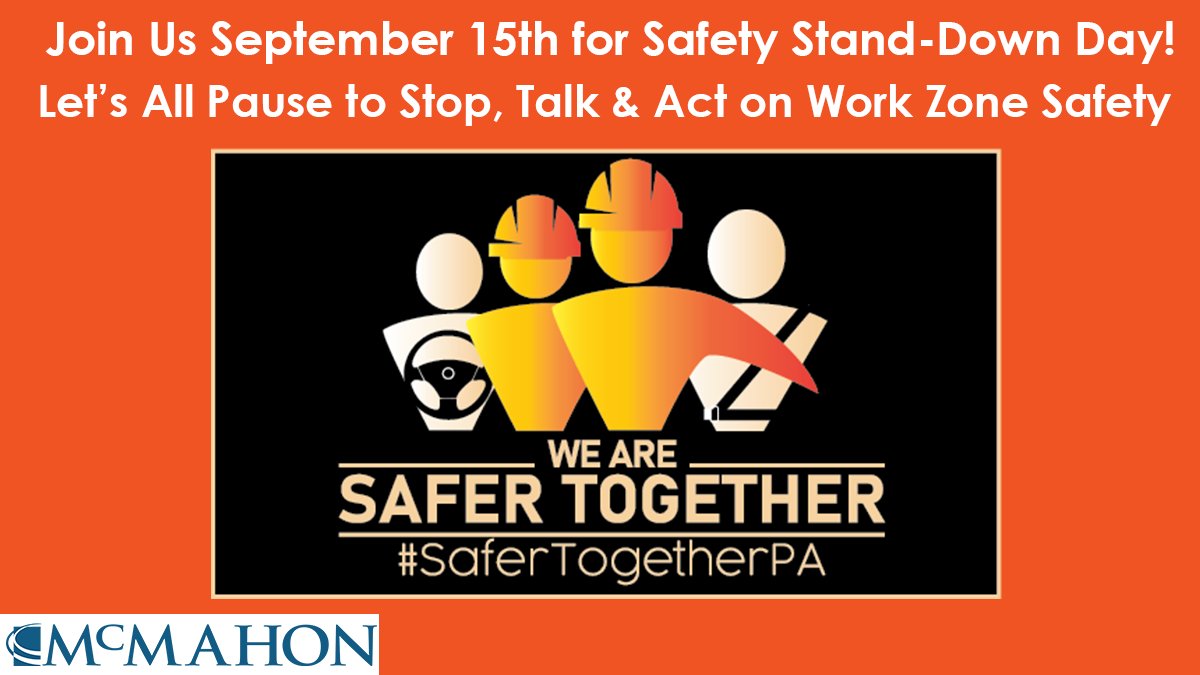 McMahon, a Bowman company (@mcmahonassoc) on Twitter photo We will be Standing-Down on Sept. 15th. Join <a href="/PennDOTNews/">PA Department of Transportation</a> <a href="/PA_Turnpike/">Pennsylvania Turnpike</a> <a href="/ACEC_PA/">ACEC of Pennsylvania</a> & other partners to "Stop, Talk and Act" in support of work zone safety & line-of-fire incidents. When highway workers & motorists work together, we are all #SaferTogetherPA bit.ly/2X1IPG3 We will be Standing-Down on Sept. 15th. Join <a href="/PennDOTNews/">PA Department of Transportation</a> <a href="/PA_Turnpike/">Pennsylvania Turnpike</a> <a href="/ACEC_PA/">ACEC of Pennsylvania</a> & other partners to "Stop, Talk and Act" in support of work zone safety & line-of-fire incidents. When highway workers & motorists work together, we are all #SaferTogetherPA bit.ly/2X1IPG3
