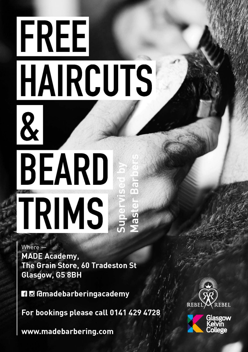 Fancy a free haircut or beard trim? 🧔👱‍♂️ Our current barbering students are fine tuning their cutting skills and techniques but are on the look out for more clients to work with in the Academy. Book in your appointment on 0141 429 4728.