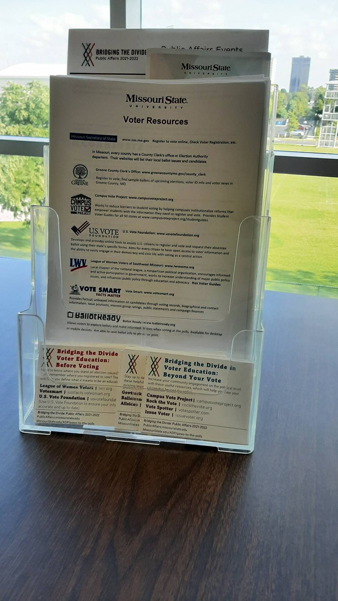 MoStatePA's tweet image. Are you registered to vote? If not, or if you're interested in learning more about non-partisan voter information sources, stop by our table south of the PSU today through Wednesday, 10:00-2:00! Voting is Public Affairs!

#publicaffairs #missouristate #mostatepublicaffairs