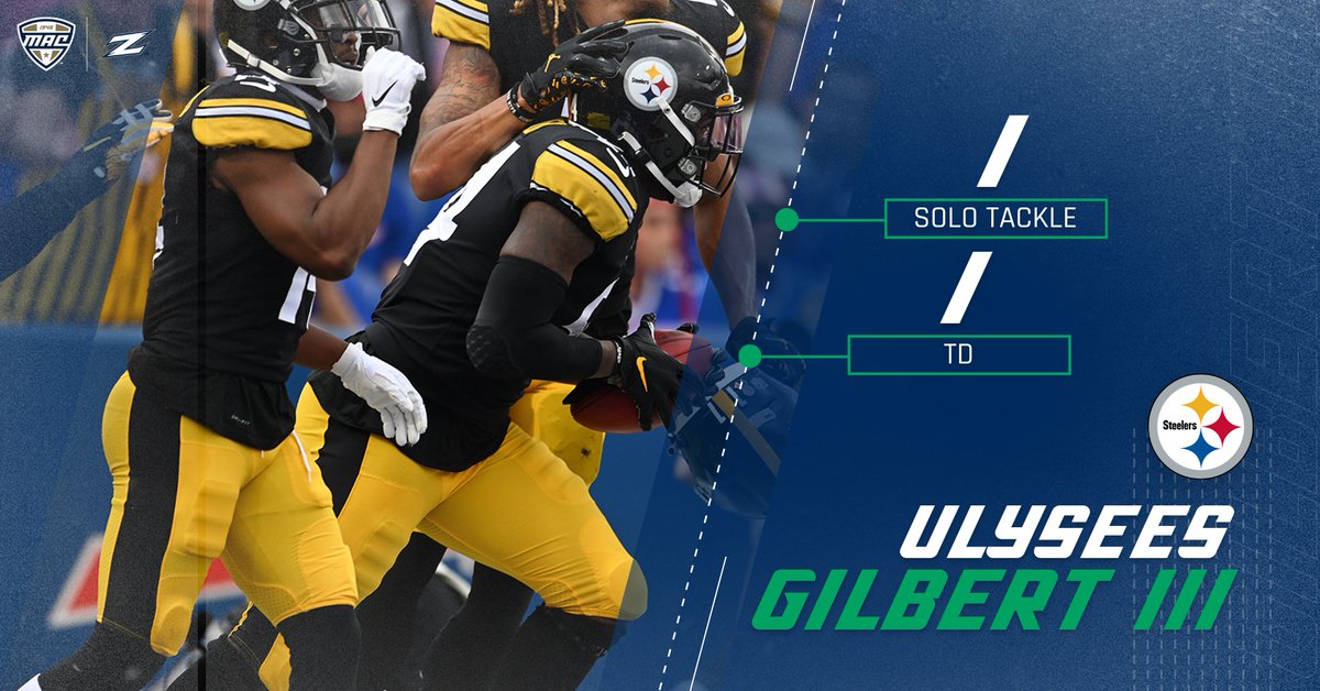 MACSports's tweet photo. Talk about #AkronMade 💪

Ulysees Gilbert III made the big play for the @steelers when it counted the most, tallying a scoop &amp; score off of a blocked punt! 

#MACtion I @ZipsFB https://t.co/zLWtfwByGn