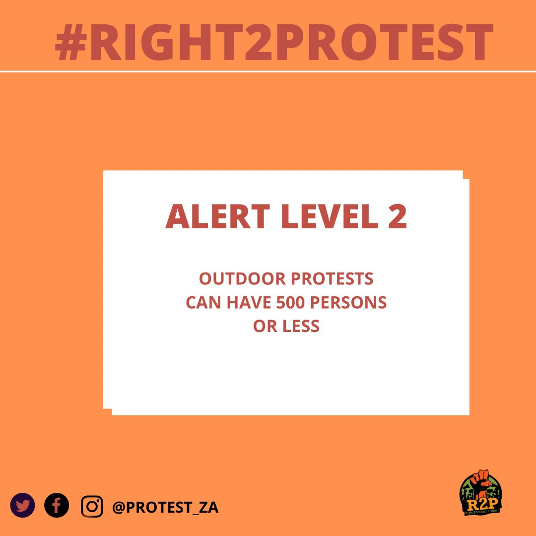 ProtestZa's tweet image. South Africa has now moved to Alert level 2!This means more people can now participate in protest!However all persons attending a protest should still observe lockdown restrictions such as wearing of masks and social distancing.
#alertlevel2 
#right2protrest