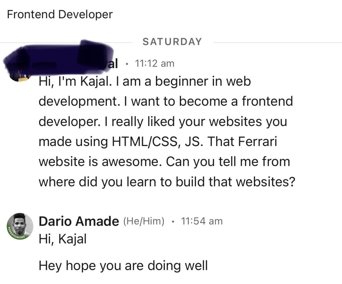darioamade's tweet photo. A msg left me from a  beginner web FrontEnd developer 🙌. Don’t spot until you are proud …strive for progress, not perfection #GitHub #100DaysOfCode #CodeNewbies #code #javascript #FrontEndDevelopment #webdevelopment #Website #learn #CodeNewbie #dev https://t.co/KUcpNaEMOU