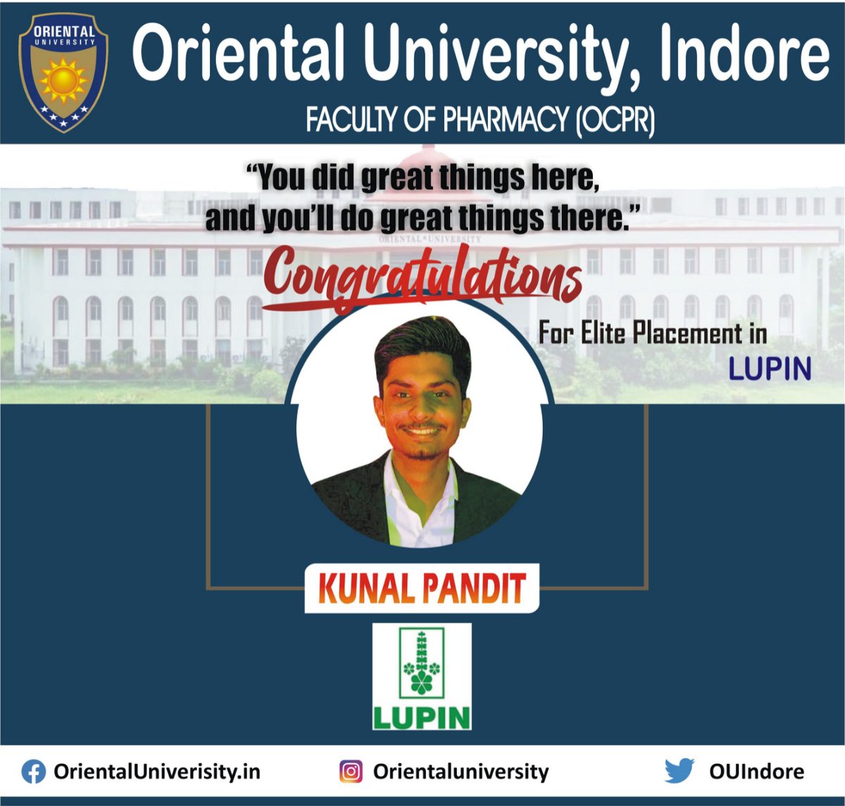 OUIndore's tweet photo. A big congratulations to the students of Faculty of Pharmacy for there selection in reputed companies.
Oriental University, Indore wishes them a very bright future ahead.
#congratulations #placement #Faculty
#Pharmacy #stedman #lupin
#tevos #OrientalUniversity #indore https://t.co/TtQBafDiMg