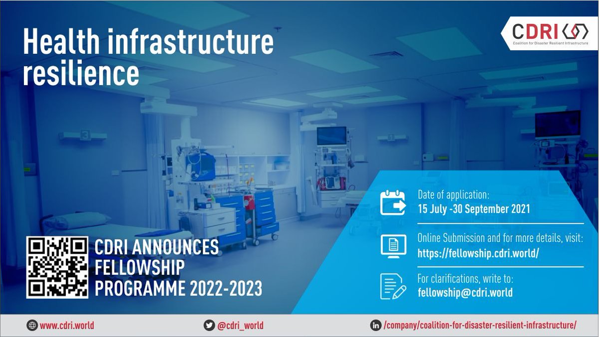 cdri_world's tweet photo. Robust health infrastructure is the foundation for successful delivery of health services. If you have a promising idea on building resilient #healthinfra, then apply for #CDRIFellowshipProgramme now to secure a year-long, $15k grant. 

https://t.co/EopZwTaHjg https://t.co/ioMTel66nh