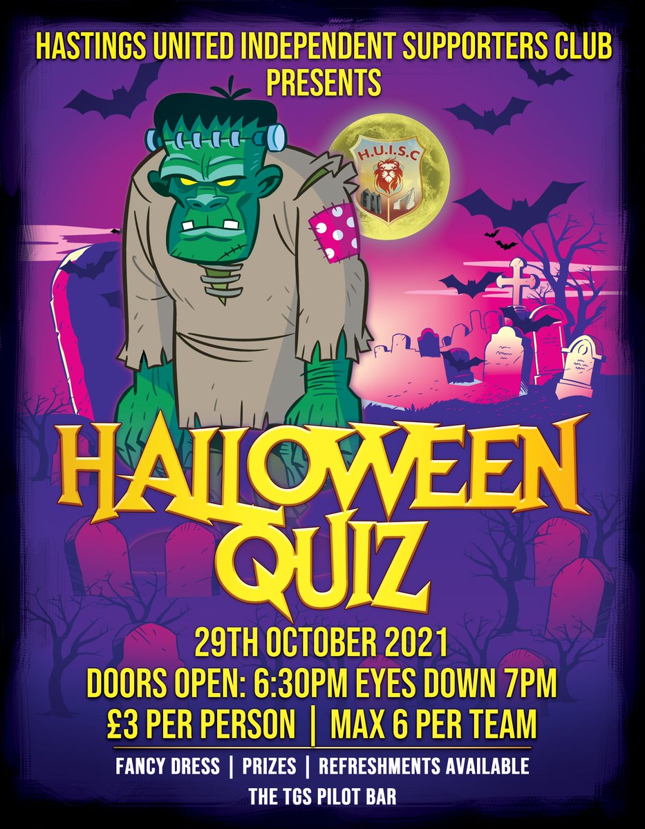 HastingsUtd_ISC's tweet photo. The Hastings United Independent Supporters Club have some amazing events coming up! A Halloween Quiz, Junior Flag competition , Fifa Tournament and an x-mas party!!! Halloween Quiz Bookings being taken 16/09/21. 
Watch this space for more Fifa Tournament Details. https://t.co/yGDPdozqMM