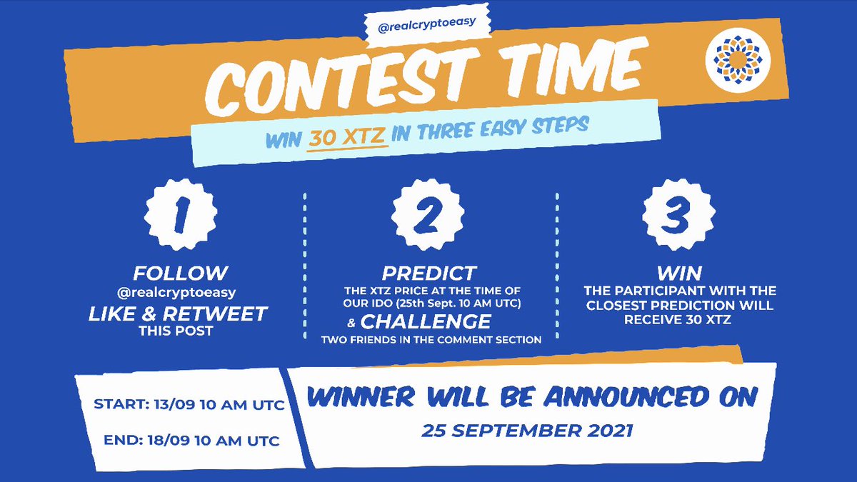 divercefi's tweet photo. 🥇 CryptoEasy Tezos Contest 🚀

Ask your crystal ball and predict the #Tezos price at the time of our IDO (25th Sept.) to win 30 XTZ with just 3 #EASY steps! 🔮

Start: 13/09 10AM UTC
End: 18/09 10 AM UTC

*Your first prediction will be counted https://t.co/yX1lTMLTj6