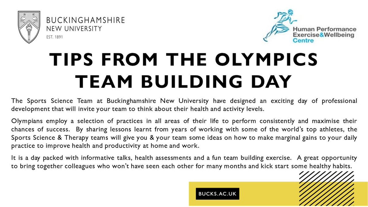 Looking for an opportunity to re-unite your team? @BucksNewUni Sports Scientists have used their research to develop a fun and informative day that will bring your team together to think about their health and activity levels. 
For more info: Francesca.Martin@bucks.ac.uk