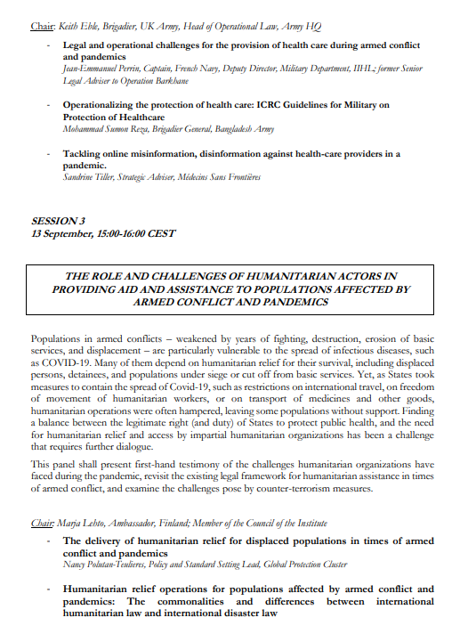 DILAW4E's tweet photo. Today at 15:00 CEST join the 44th Sanremo Round Table on "Pandemics, armed conflicts, and IHL". Prof. Giulio Bartolini will discuss humanitarian relief operations for populations affected by armed conflict and pandemics. 

Register at: https://t.co/CoxXNo1Wzy https://t.co/H9pABH2O3n