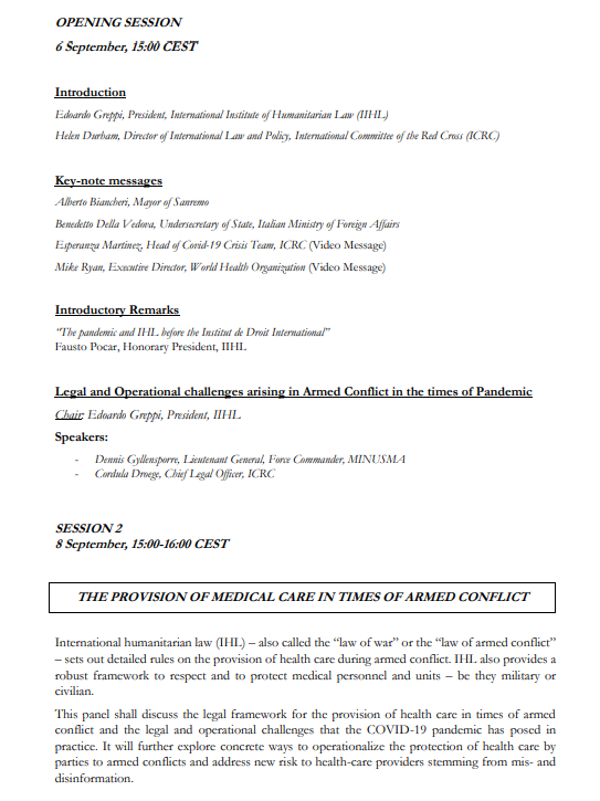 DILAW4E's tweet photo. Today at 15:00 CEST join the 44th Sanremo Round Table on "Pandemics, armed conflicts, and IHL". Prof. Giulio Bartolini will discuss humanitarian relief operations for populations affected by armed conflict and pandemics. 

Register at: https://t.co/CoxXNo1Wzy https://t.co/H9pABH2O3n