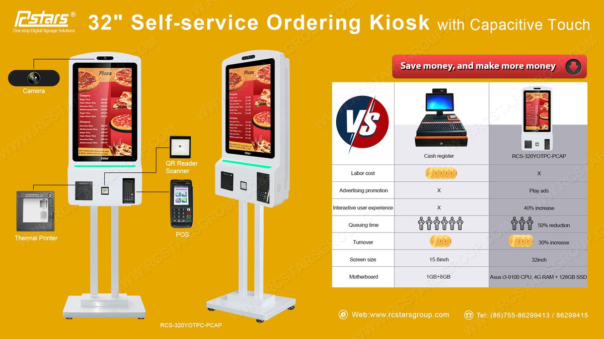 Self-service ordering Kiosk :
21.5'', 32" is optional 
LCD Monitor // Android // Windows Functions optional
Wall Mount // Free Standing
Camera, Thermal Printer, QR Code Scanner options
Leave the space for you installing your Payment POS
rcstarsgroup.com