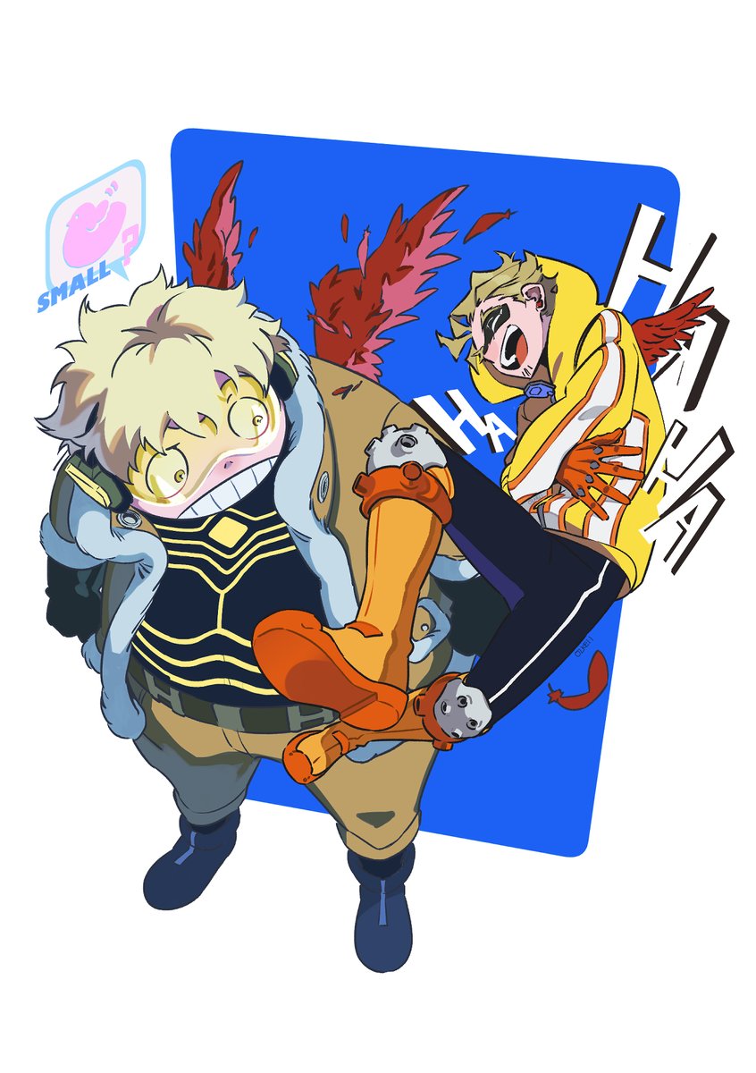 hawks (boku no hero academia) 2boys multiple boys male focus blonde hair feathers wings carrying  illustration images