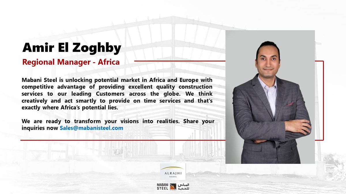 LlcMabani's tweet photo. For your complex and iconic projects in Africa, get in touch with Regional Manager Africa - Amir El Zoghby to turn your visions into realities Sales@mabanisteel.com https://t.co/RWrncsB5VU