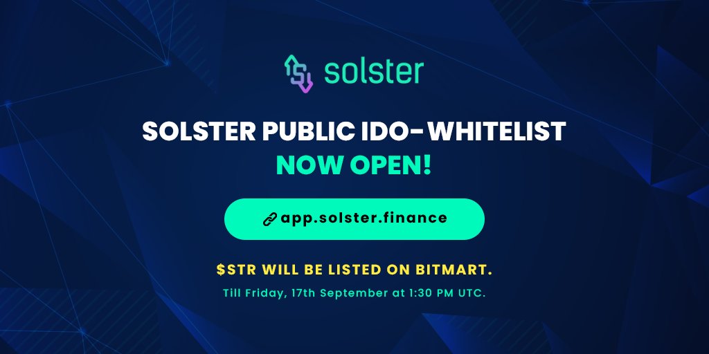 Hey #Solster fans! Solster Public IDO — Whitelist Now Open! 🎉Whitelist form: app.solster.finance/ido-launchpad 👉Read more: medium.com/solster-financ… FCFS for whitelisted candidates. ⏳Last date, 17th September at 1:30 PM UTC. #SolanaSummer #TokenSale #cryptoinvestment #IDOLaunchpad