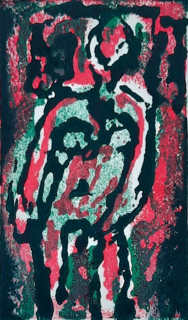 Print No.1 Stantibus Homini 3-plate lino caustic etch 4⅛"x 4⅛"
I have produced six new prints for Studio99 Printmakers exhibition <a href="/ChrisSalmonArt/">Chris Salmon</a> studio <a href="/openstudiosbham/">Birmingham Open Studios CIC</a> on 18/19th &amp; 25/26th September. I'll post an image a day for the next six days.