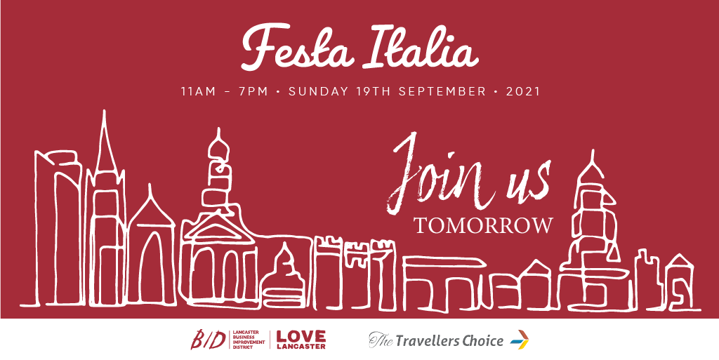 Lancaster_BID's tweet photo. Festa Italia returns to Lancaster tomorrow! Come down to the city centre for an incredible Italian experience. A large selection of street food will be available at stalls on Church Street and Market Street, and you will find a bar in Market Square. #lovelancaster #festaitalia https://t.co/nKmsBuxcUp