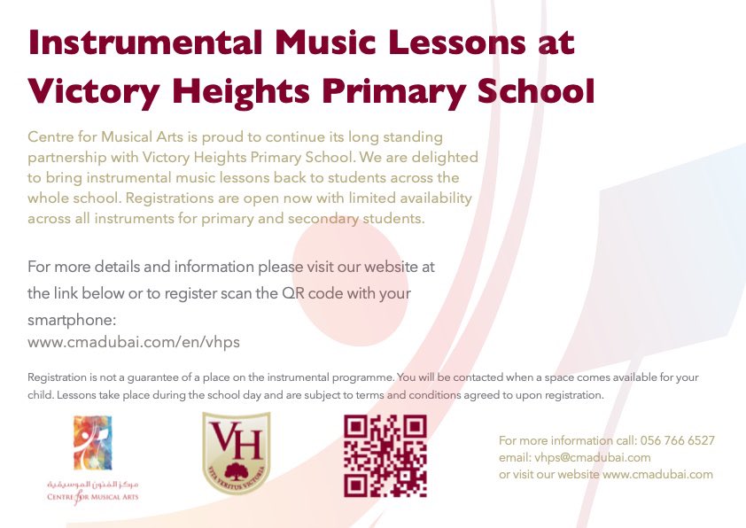 Congratulations to <a href="/CMADubai/">CMA Dubai</a> for turning 15! We are so happy to be able to offer peripatetic music lessons to our <a href="/VHPrimary/">Victory Heights Primary School</a> children again!