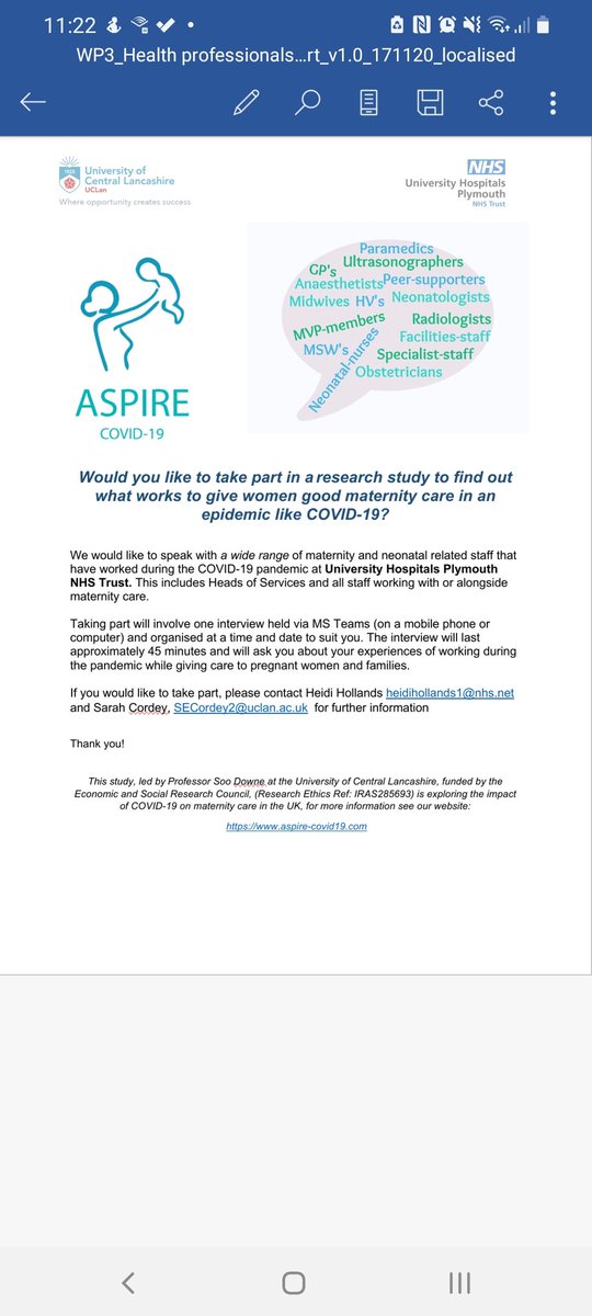 ASPIRE Covid-19 (@aspirecovid19) on Twitter photo Call to #midwives #NurseTwitter #medtwitter #paramedics #alliedhealthprofessionals #AHPs working for/with Plymouth <a href="/UHP_NHS/">University Hospitals Plymouth NHS Trust</a> Please contact SECordey2@uclan.ac.uk if interested in taking part, interview times available this week and next! Call to #midwives #NurseTwitter #medtwitter #paramedics #alliedhealthprofessionals #AHPs working for/with Plymouth <a href="/UHP_NHS/">University Hospitals Plymouth NHS Trust</a> Please contact SECordey2@uclan.ac.uk if interested in taking part, interview times available this week and next!