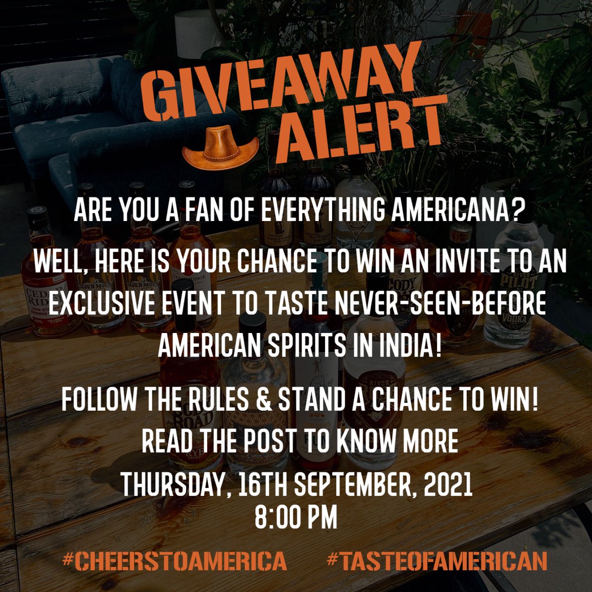 Are you a fan of everything Americana? Well, here is your chance to win an invite to an exclusive event to taste NEVER-SEEN-BEFORE American Spirits in India!

To know more visit instagram.com/p/CTuYyQMPonR/ <a href="/USDAIndia/">USDA India</a>