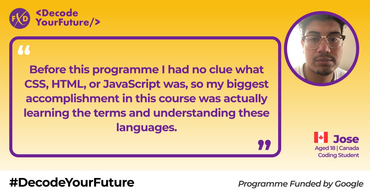 fruitionxsocial's tweet image. Check out our student Jose&apos;s testimonial about the &amp;lt;Decode Your Future&amp;gt; program 💬💻
Thank you Jose for your words.🥰 We wish you a good luck in this and all future endeavors! 

#FruitionX #DecodeYourFuture #Coding #Development #Sport #Tech #Student  #International #Testimonial