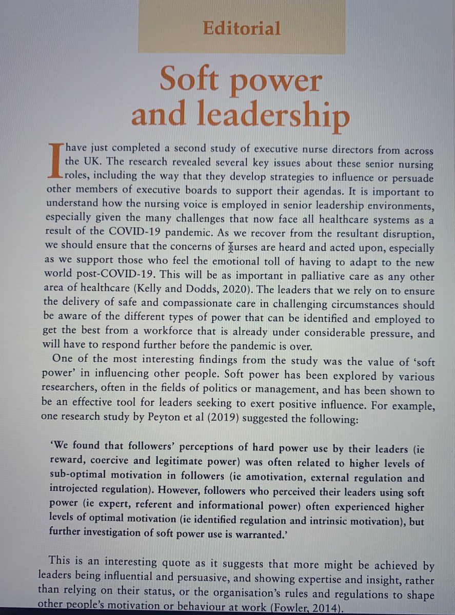 My latest editorial for <a href="/IntJPalliatNurs/">IJPN</a> on #SoftPower &amp; #leadership in #PalliativeCare <a href="/RCNMandLForum/">RCN Nurses in Management and Leadership Forum</a>