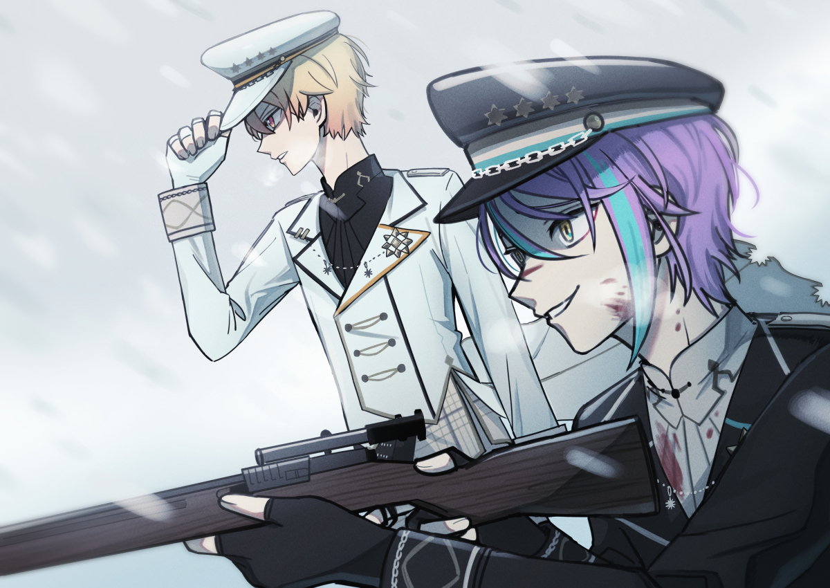 multiple boys gun weapon 2boys purple hair hat gloves  illustration images