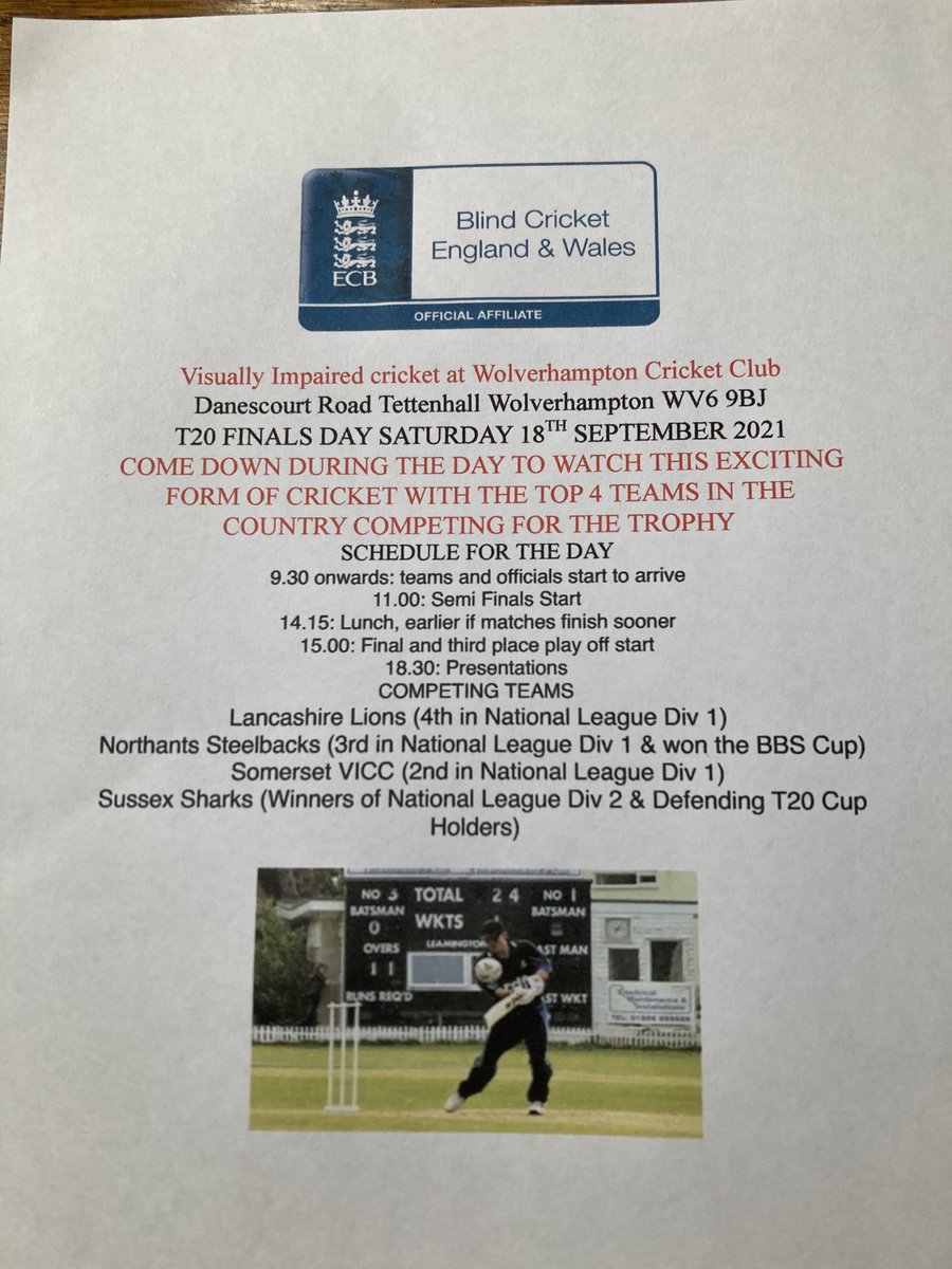 MJELFIE's tweet photo. Wolverhampton cricket club next Saturday 18th September watch The Visually Impaired T20 finals day see details attached Bar open from midday.                     ⁦@WolverhamptonCC⁩ ⁦@StaffsCricket⁩ ⁦@MyPaycare⁩ ⁦ https://t.co/dQBzDg8wT7