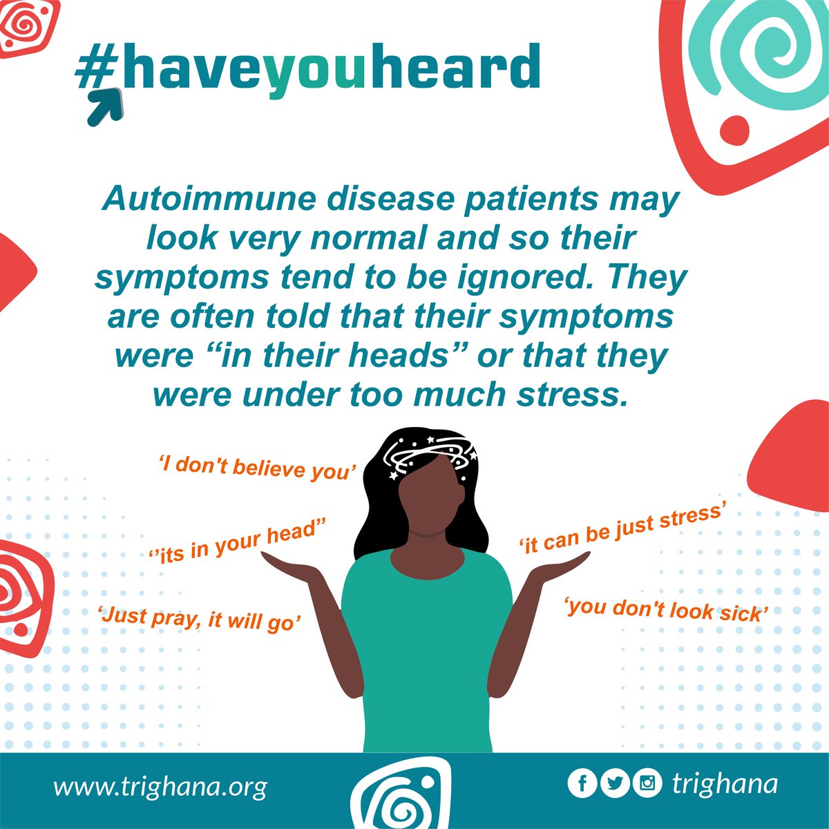 trighana's tweet photo. Autoimmune disease patients may look very normal and so their symptoms tend to be ignored...
For more information go to https://t.co/EV6S2NlCzu
@trighana on all social media handles
#HaveYouHeard #RheumChat #Tri2Hope #TRI #TRIGhana #AutoImmuneAwareness #AutoImmune #HEARDCampaign https://t.co/4aQloK8n3B