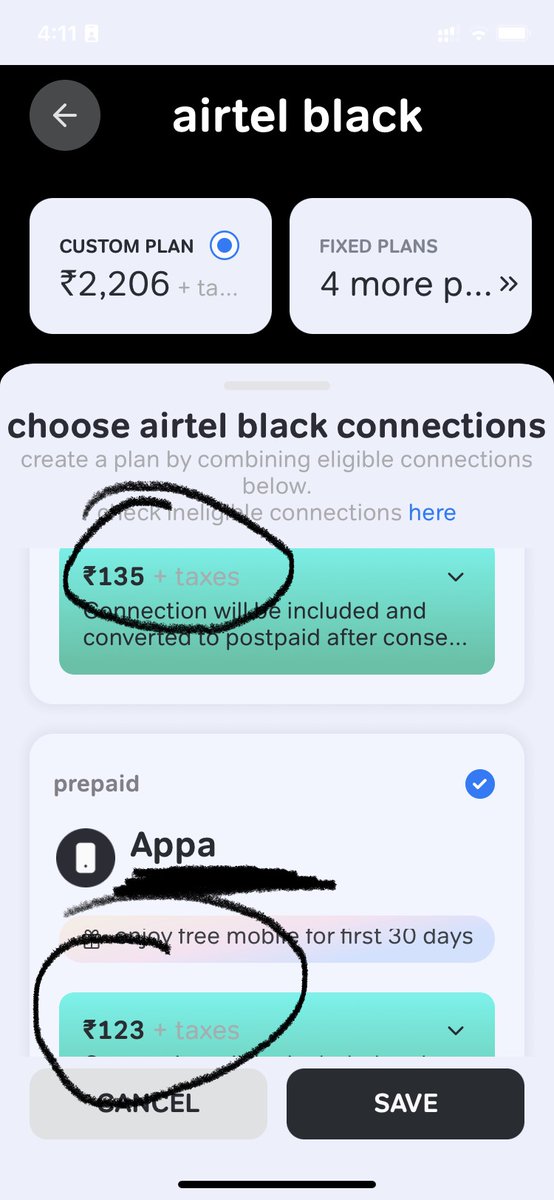 Smart69sex's tweet photo. @Airtel_Presence 
1/2Tried to join Airtel black customised plan with my 3 Airtel numbers,2bb, and 1dth. The plan says 2206 plus taxes in app with 3 mobile connections tariff as shown in the image. But in showroom they say the mobile cost itself is 999. https://t.co/O8mRjwBko1