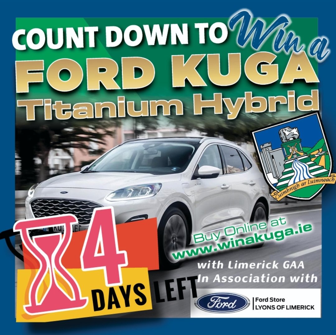 THE FINAL COUNT DOWN💚🤍4 DAYS TO GET YOUR TICKET TO WIN A KUGA 💚🤍€20 tickets online at winakuga.ie 📢 SALES CLOSE ON FRI 17TH SEPT📢
💚🤍All proceeds from the draw will be reinvested in county hurling &amp; football teams representing Limerick. 💚🤍