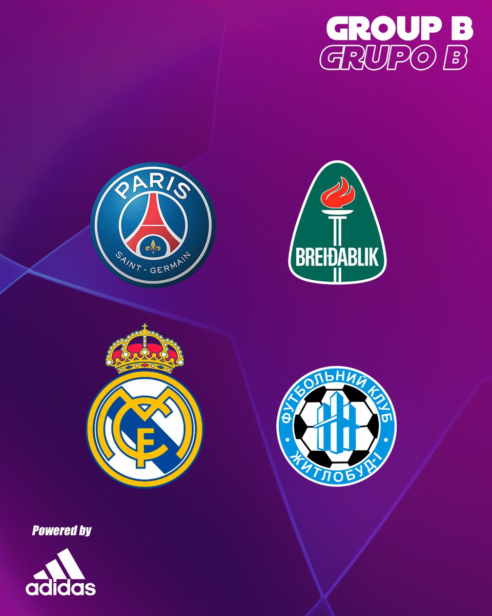 💫 GRUPO B 💫
🇫🇷 @PSG_Feminines
🇮🇸 @BreidablikFC 
🇪🇸 @realmadridfem
🇺🇦 @wfczh1
#UWCLdraw | @adidasfootball