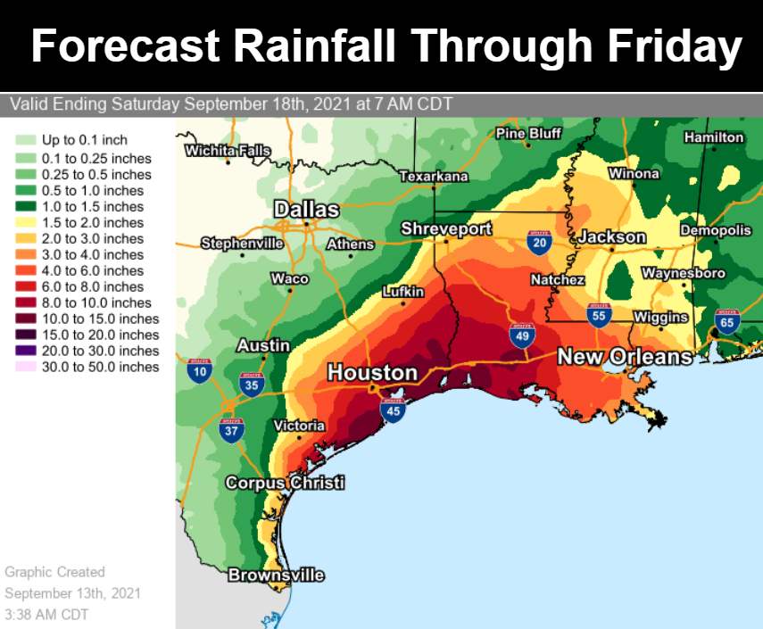 NWSWPC's tweet photo. Nicholas is expected to make landfall later today along the Texas Gulf Coast bringing widespread rain and the risk for considerable flash flooding, especially in urban areas. Note the amounts vary significantly across a small distance and to remain prepared and weather aware. https://t.co/OzvBjC83eN