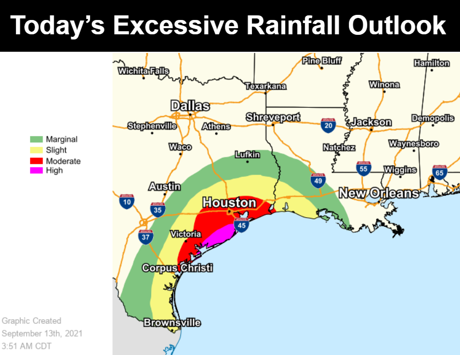 NWSWPC's tweet photo. Nicholas is expected to make landfall later today along the Texas Gulf Coast bringing widespread rain and the risk for considerable flash flooding, especially in urban areas. Note the amounts vary significantly across a small distance and to remain prepared and weather aware. https://t.co/OzvBjC83eN