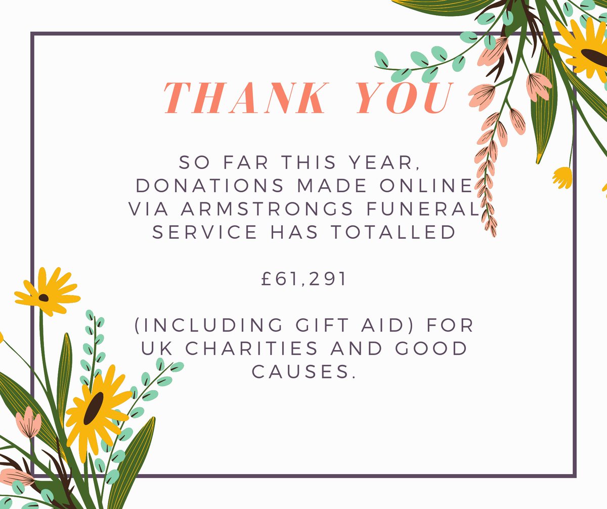 So far this year, donations made online via <a href="/Armstrongsfs/">Armstrongs</a> have totalled an amazing £61,291 for UK charities and good causes. 🎉 

Armstrongs offer a Tribute Page free of charge to all of their families. Find out more here: bit.ly/3heYpop @MuchLoved