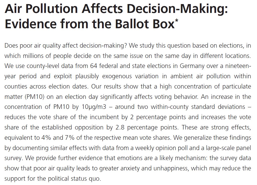 NPestel83's tweet photo. You are in government and interested in re-election?

Then you may want to support policies curbing air pollution!

Why? 

Because incumbent parties' electoral support is lower when air is more polluted on election day! 🗳️🏭

🧵maybe of interest for 🇩🇪 campaigners #BTW21 

1/ https://t.co/orjs2YpZHD
