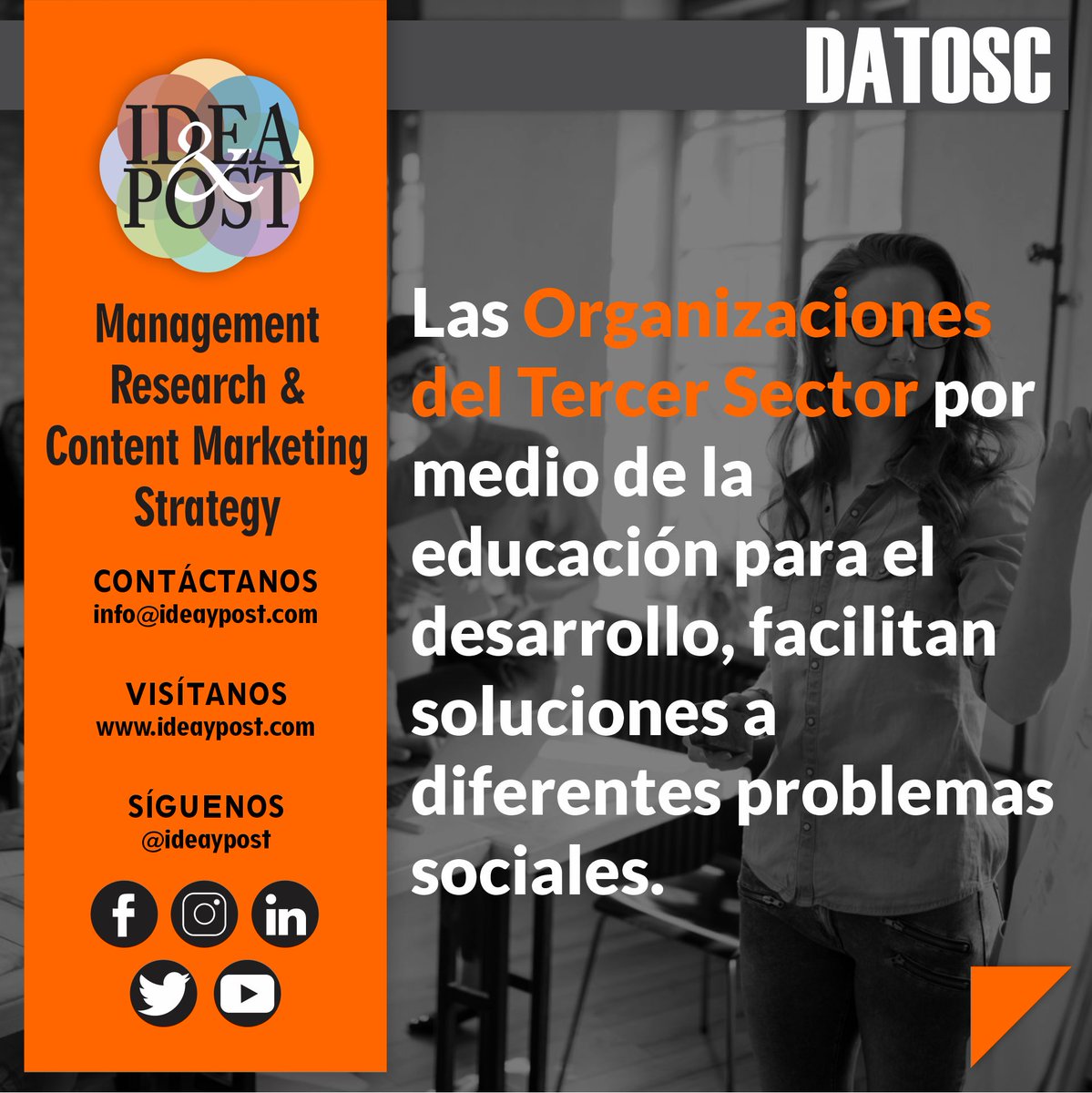 ideaypost's tweet image. Las organizaciones del tercer sector dedican un especial esfuerzo para la comprensión social, de las causas de los problemas en las comunidades.

Síguenos en #ideaypost o visita nuestro #blog en ideaypost.com y conoce más #datosc sobre el Tercer Sector.

#ong #osc #ods