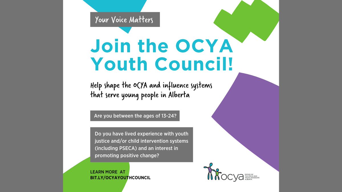 The OCYA Youth Council is recruiting young people between the ages of 13-24 to help strengthen our advocacy and inform all aspects of our work. Please share with the young people you serve!  Learn more here: bit.ly/ocyayouthcounc… #ableg #abyouth