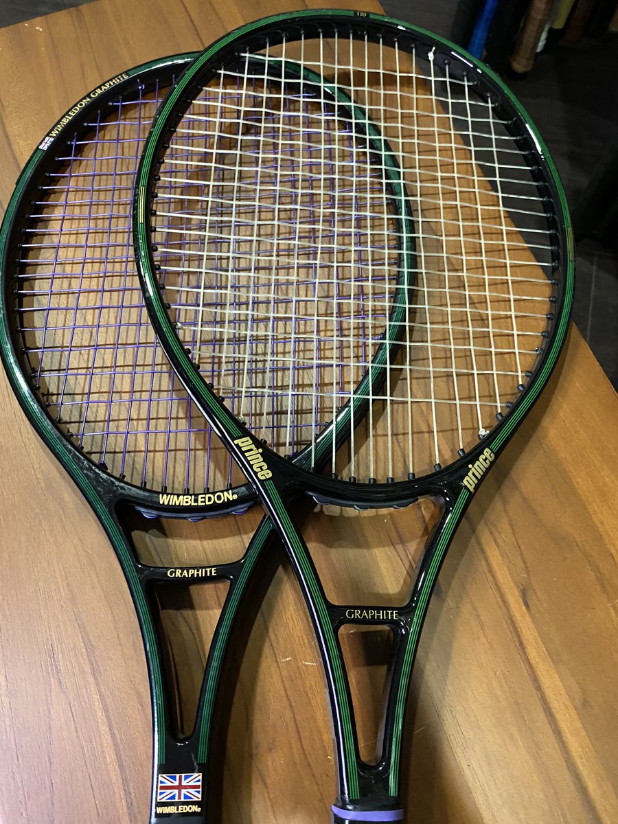 All_That_Racket's tweet photo. Same Same But Different? Can you spot the difference? One is the iconic @Prince_Tennis Original Graphite (POG) 4 Stripe versus a very similar looking “Look Alike” from Wimbledon, called the “Wimbledon Graphite”#princetennis #allthatracket #princeoriginalgraphite https://t.co/kx5L3p7d5H