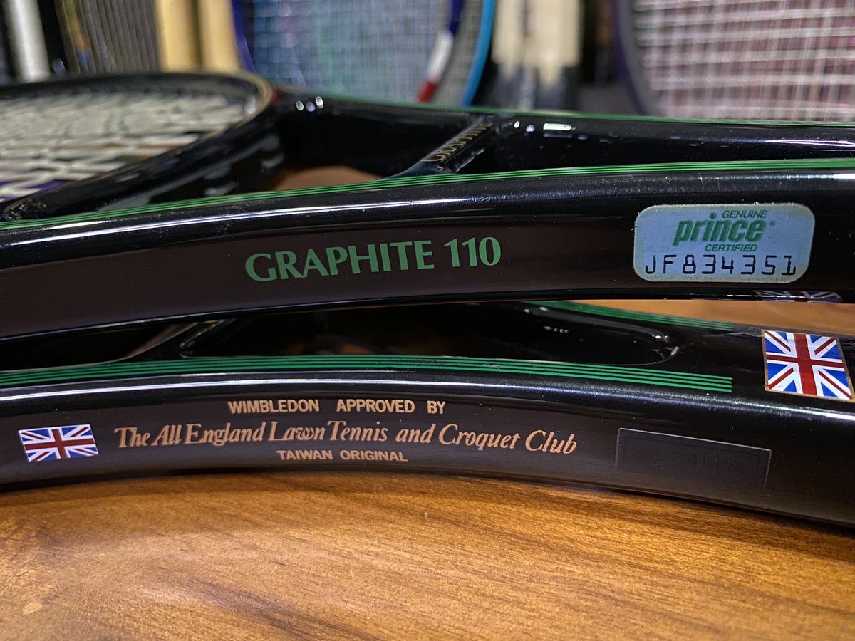 All_That_Racket's tweet photo. Same Same But Different? Can you spot the difference? One is the iconic @Prince_Tennis Original Graphite (POG) 4 Stripe versus a very similar looking “Look Alike” from Wimbledon, called the “Wimbledon Graphite”#princetennis #allthatracket #princeoriginalgraphite https://t.co/kx5L3p7d5H