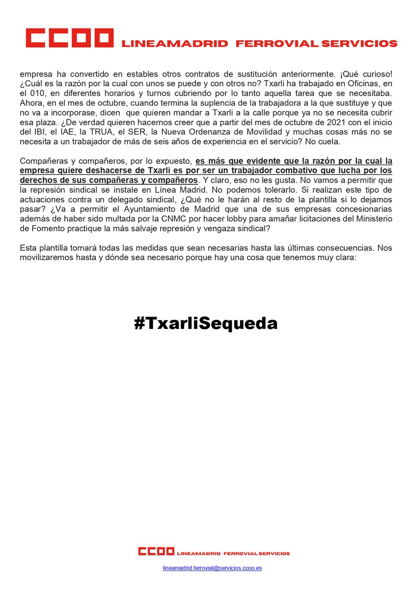 🚨URGENTE🚨 Represión Sindical en Línea Madrid #TxarliSeQueda