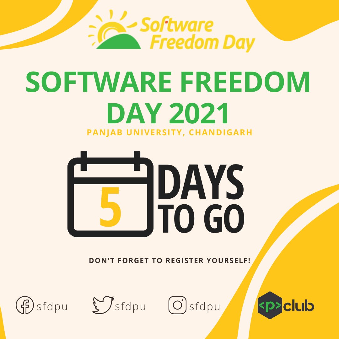 Just 5 days to go!
So, don't forget to register yourself for SFD2021 for absolutely free.
⚠️Limited seats available!
📍bit.ly/3yS5zVR

For more information, visit our website: softwarefreedomday.in

#codinglife #coding #opensource #sfd #SFD2021 #FOSS #sfd21 #sfdpu